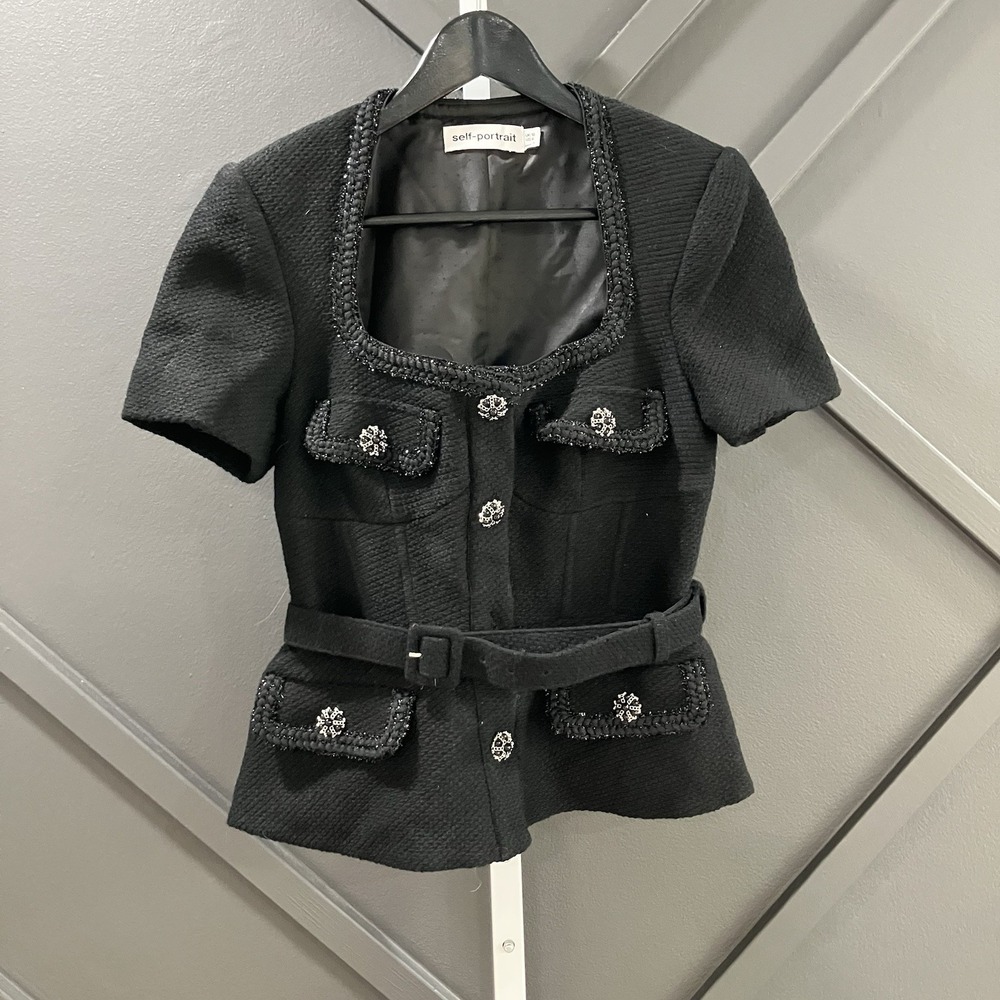 Self-Portrait Black Boucle Tweed Belted Short Sleeve Jacket Top Womens US 6